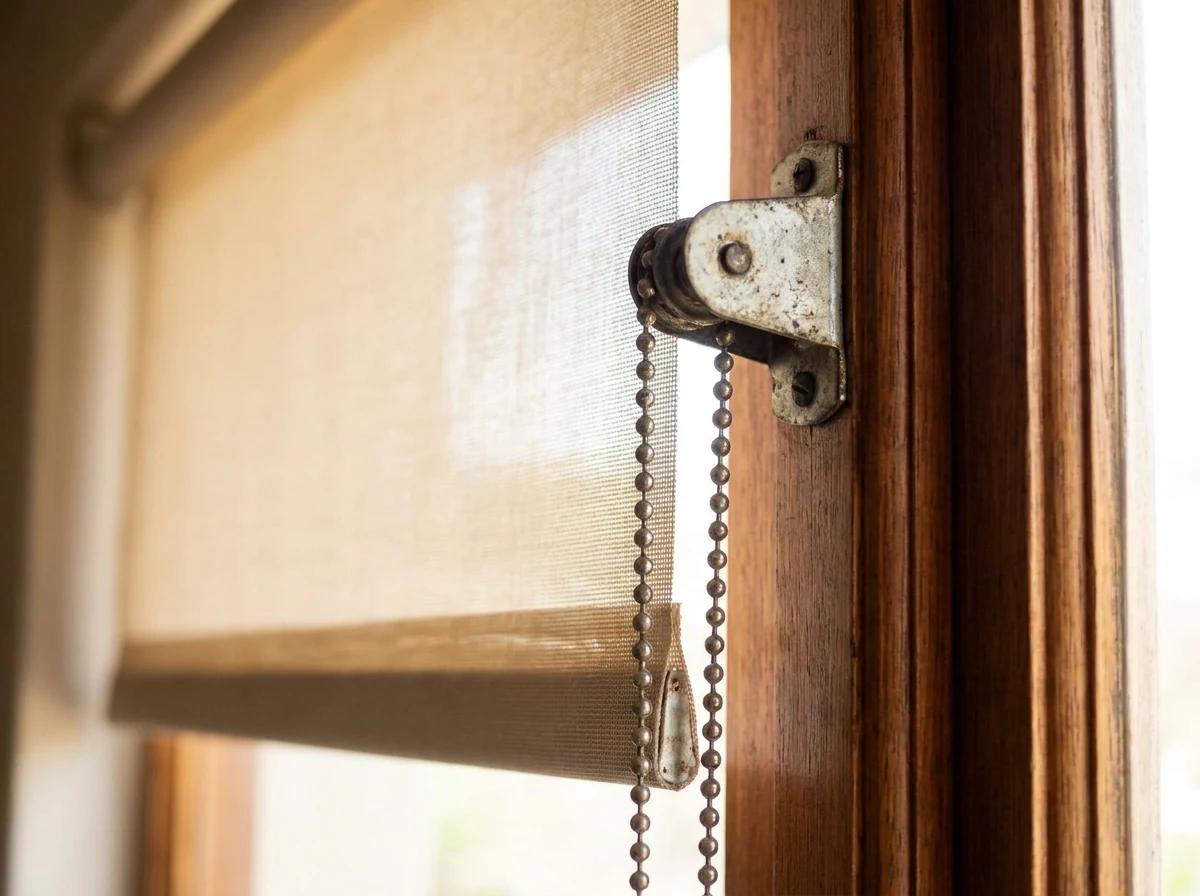 Close-up of a chain-operated roller blind mechanism, chain and bracket clearly visible
