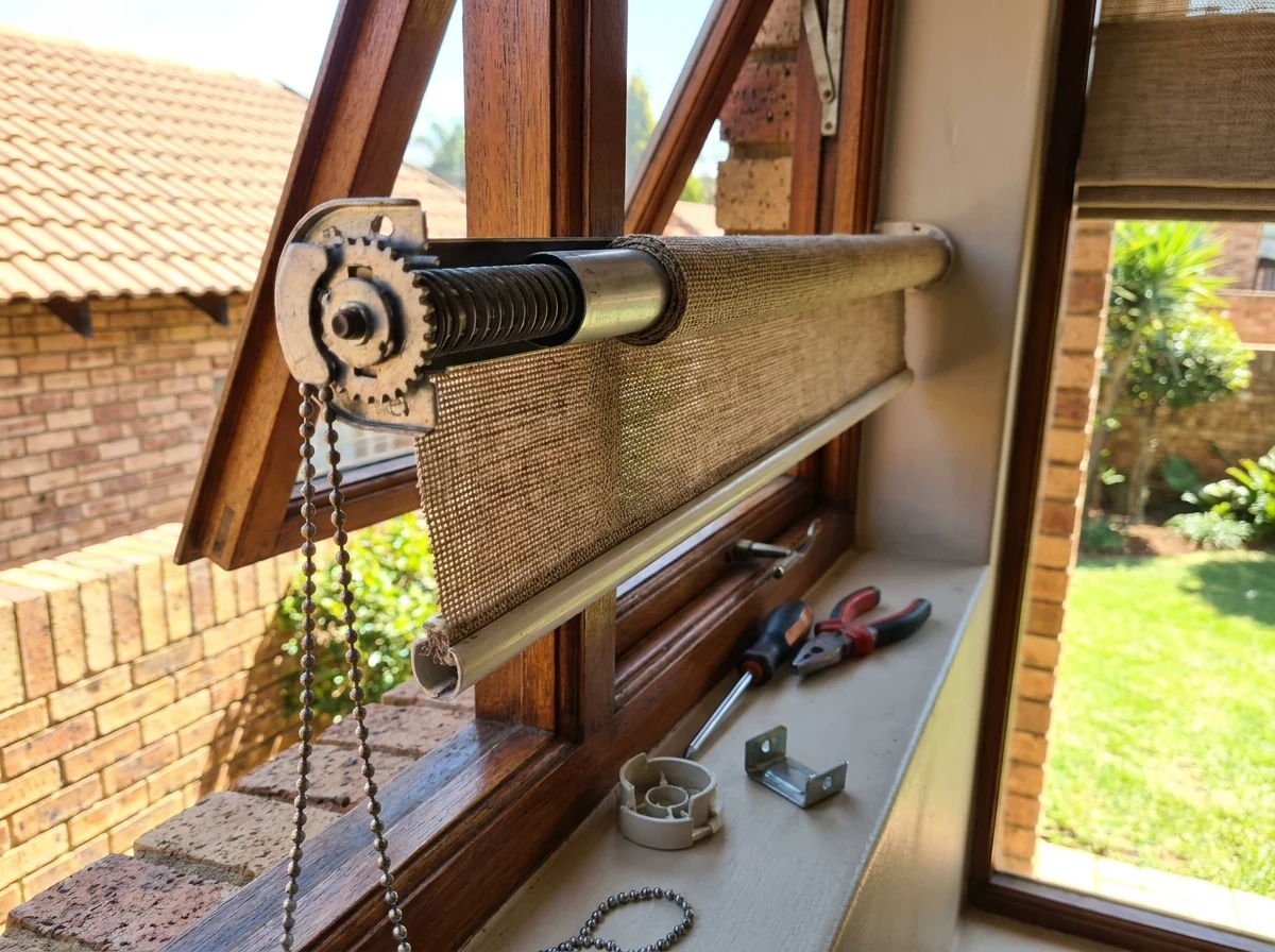 Close-up of a roller blind mechanism being serviced, fabric partly unrolled from its tube