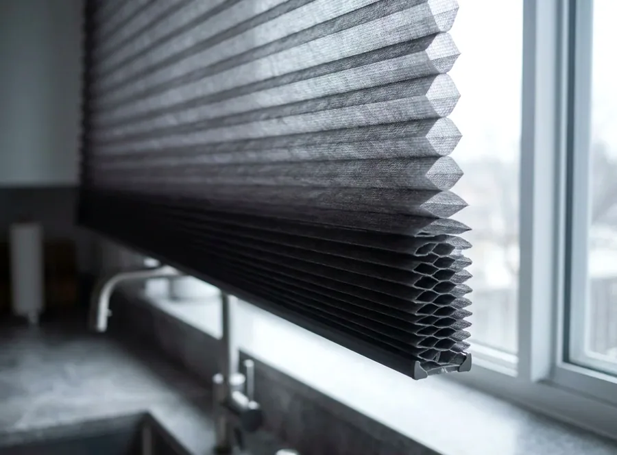 Cellular honeycomb blind seen in section, showing the trapped-air cells that give it its insulation