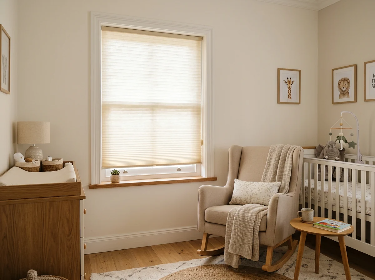 Cellular honeycomb blind fitted into a slim concealed headrail above a wide living-room window