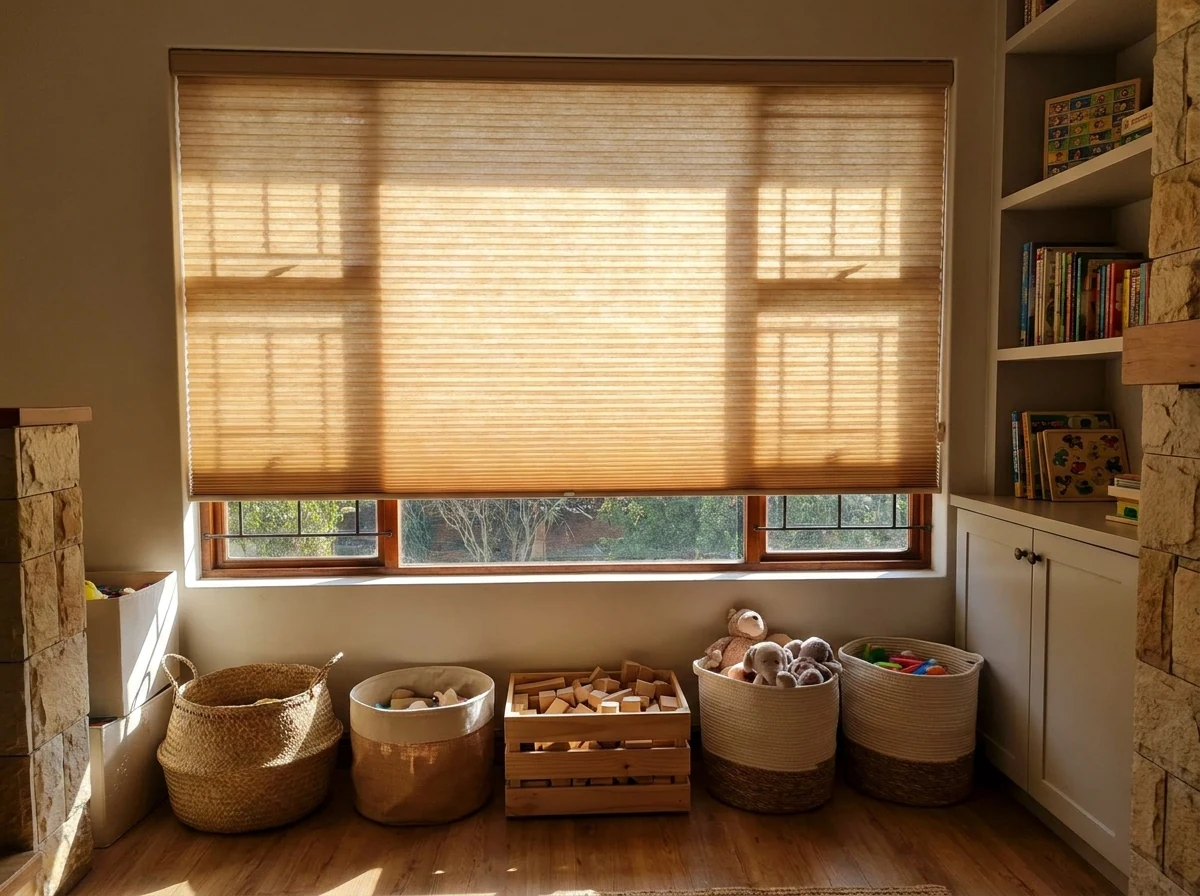 Cordless cellular honeycomb blind lowered over a low playroom window, double-cell weave catching afternoon light