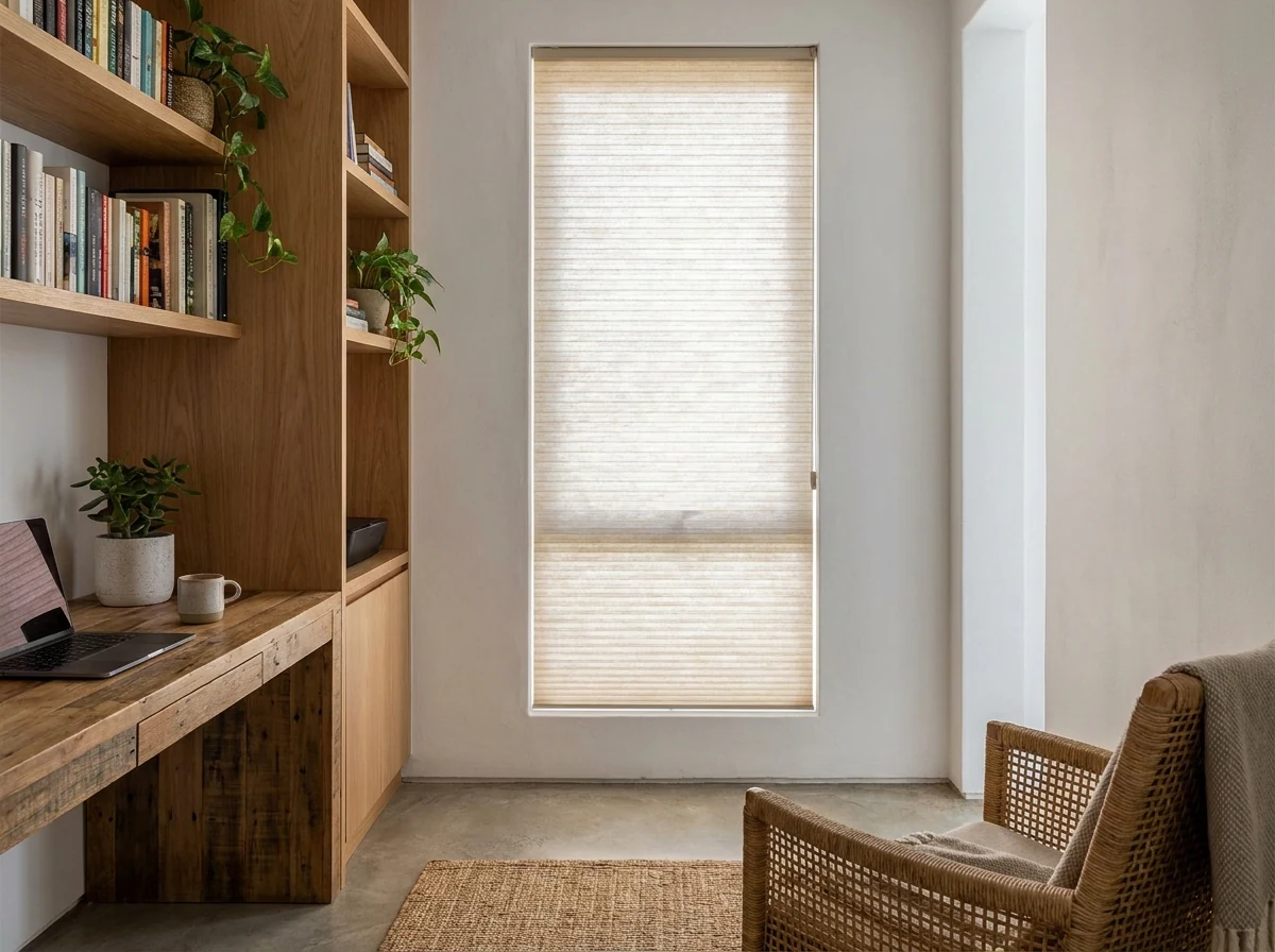 Cellular honeycomb blind lowered over a home-office window, double-cell weave catching soft light