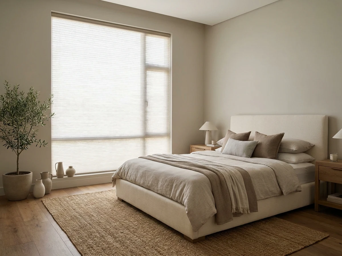 Cellular honeycomb blind lowered over a tall bedroom window, pleated cells diffusing soft daylight