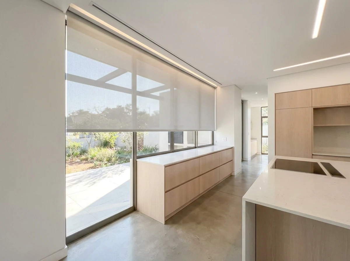 Blind dropping from a concealed ceiling recess above a kitchen window, no visible hardware