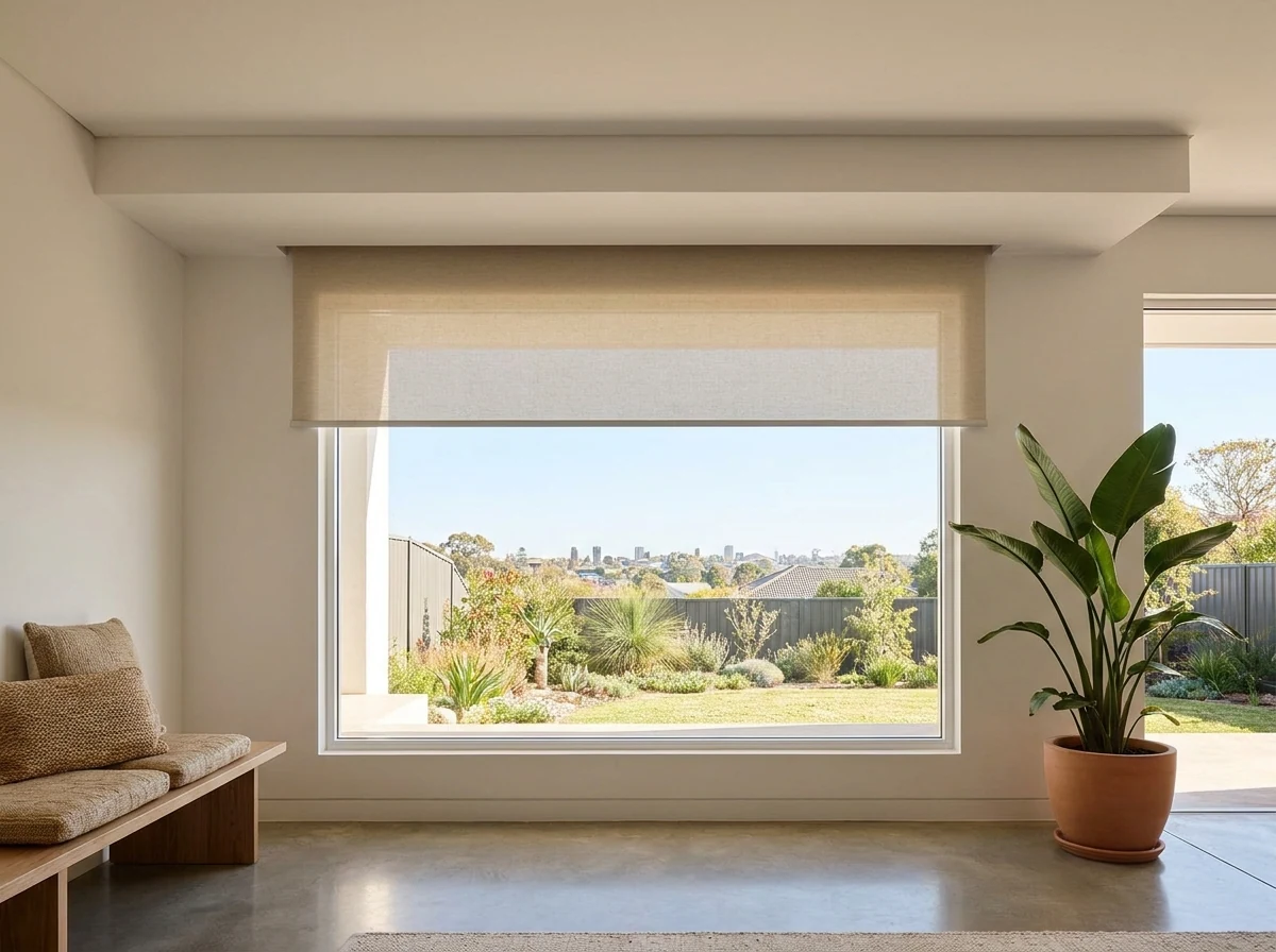 Blind dropping from a concealed slot in a fresh white ceiling bulkhead, no brackets visible