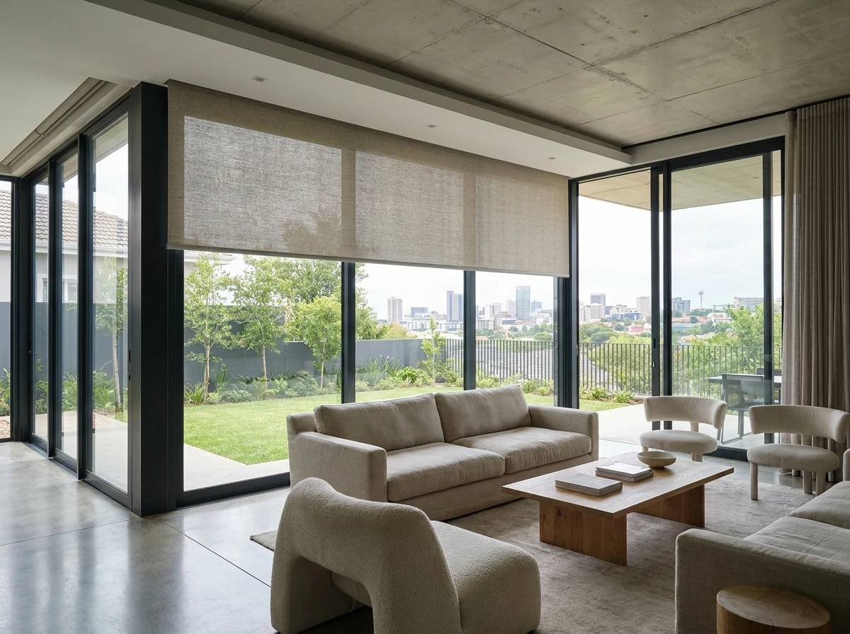 Motorised blind dropping smoothly from a concealed ceiling bulkhead above floor-to-ceiling glass