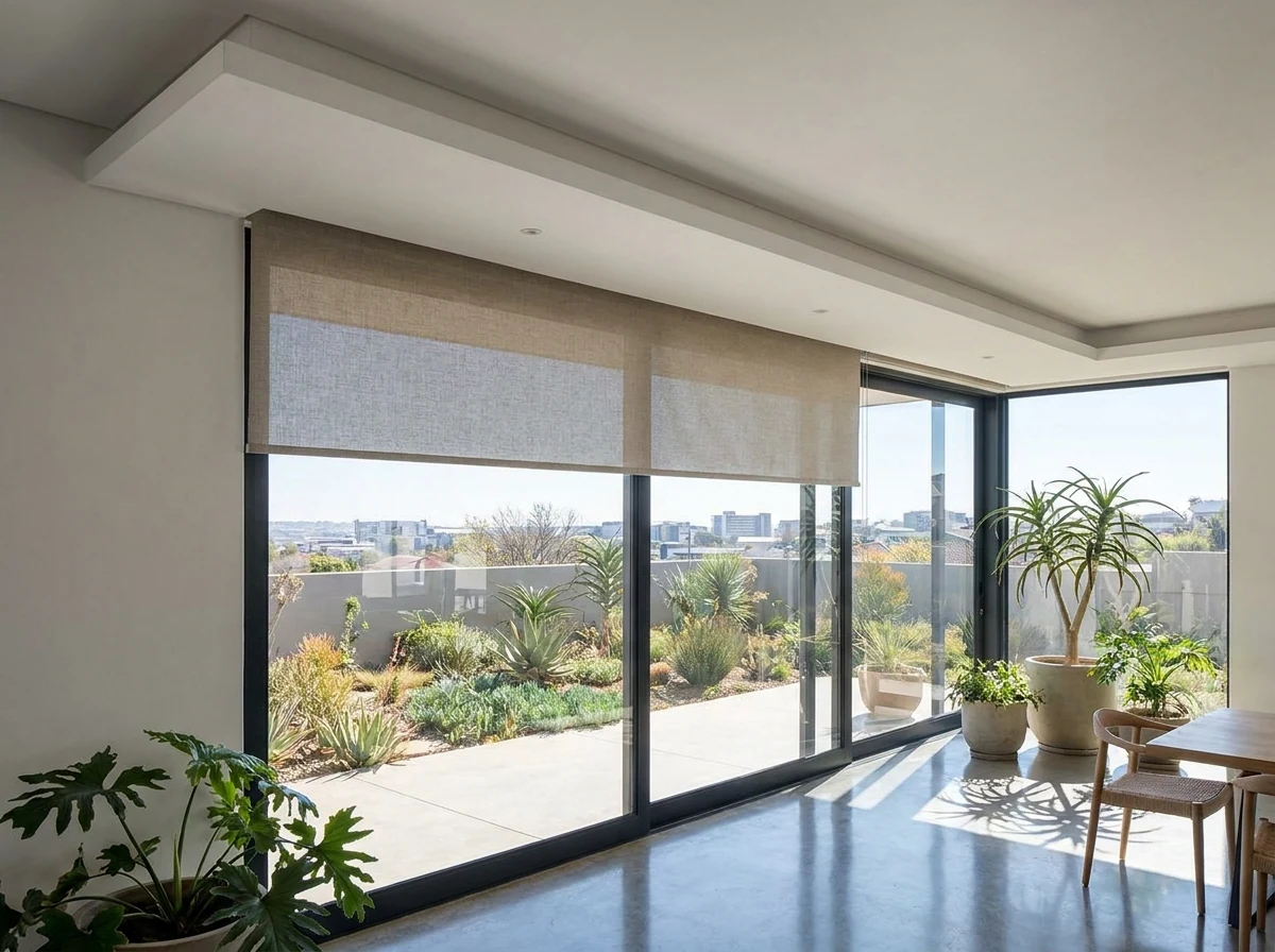 Blind dropping from a concealed slot in a plastered ceiling bulkhead above a wide sliding door