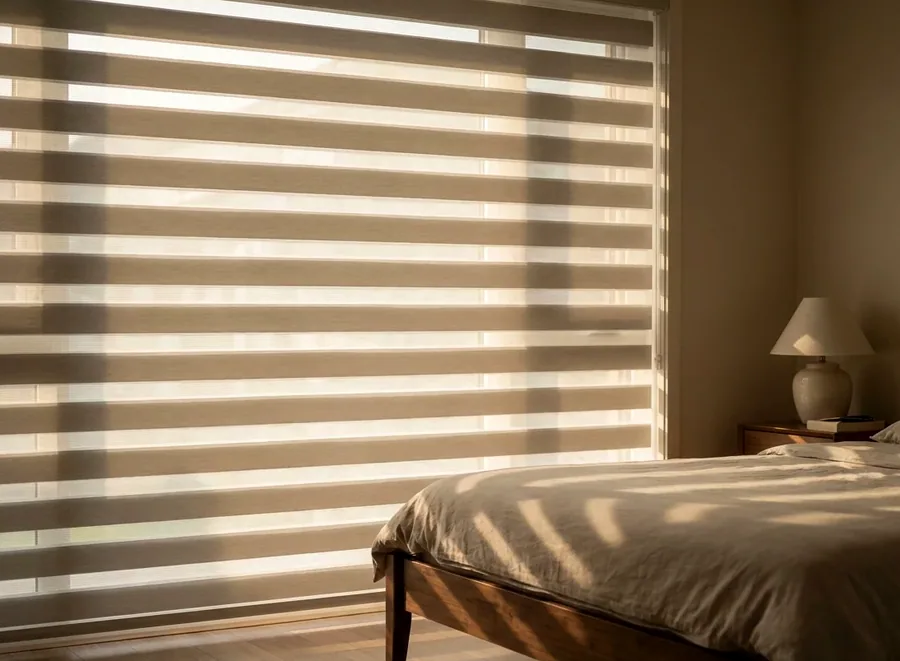 Day-night blind with alternating sheer and solid fabric bands in a bedroom