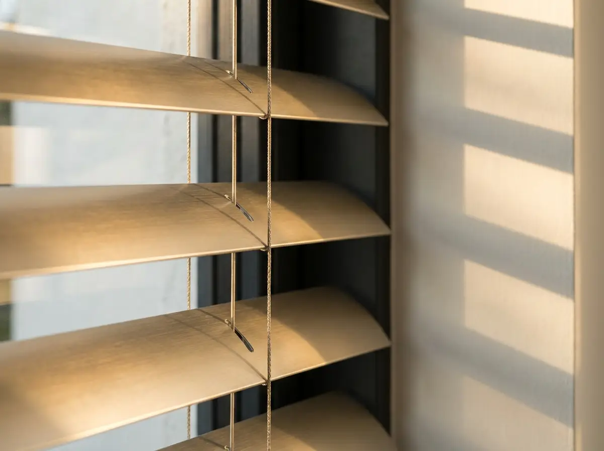 Close-up of timber venetian slats tilted against morning light on the ladder tapes
