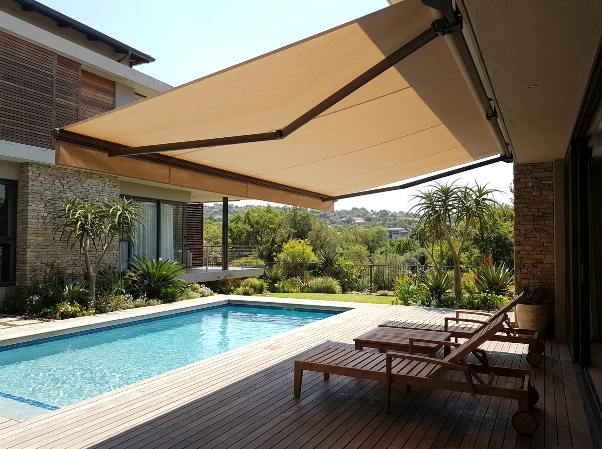 Folding-arm awning extended over a poolside deck, a crisp line of shade across the sun loungers