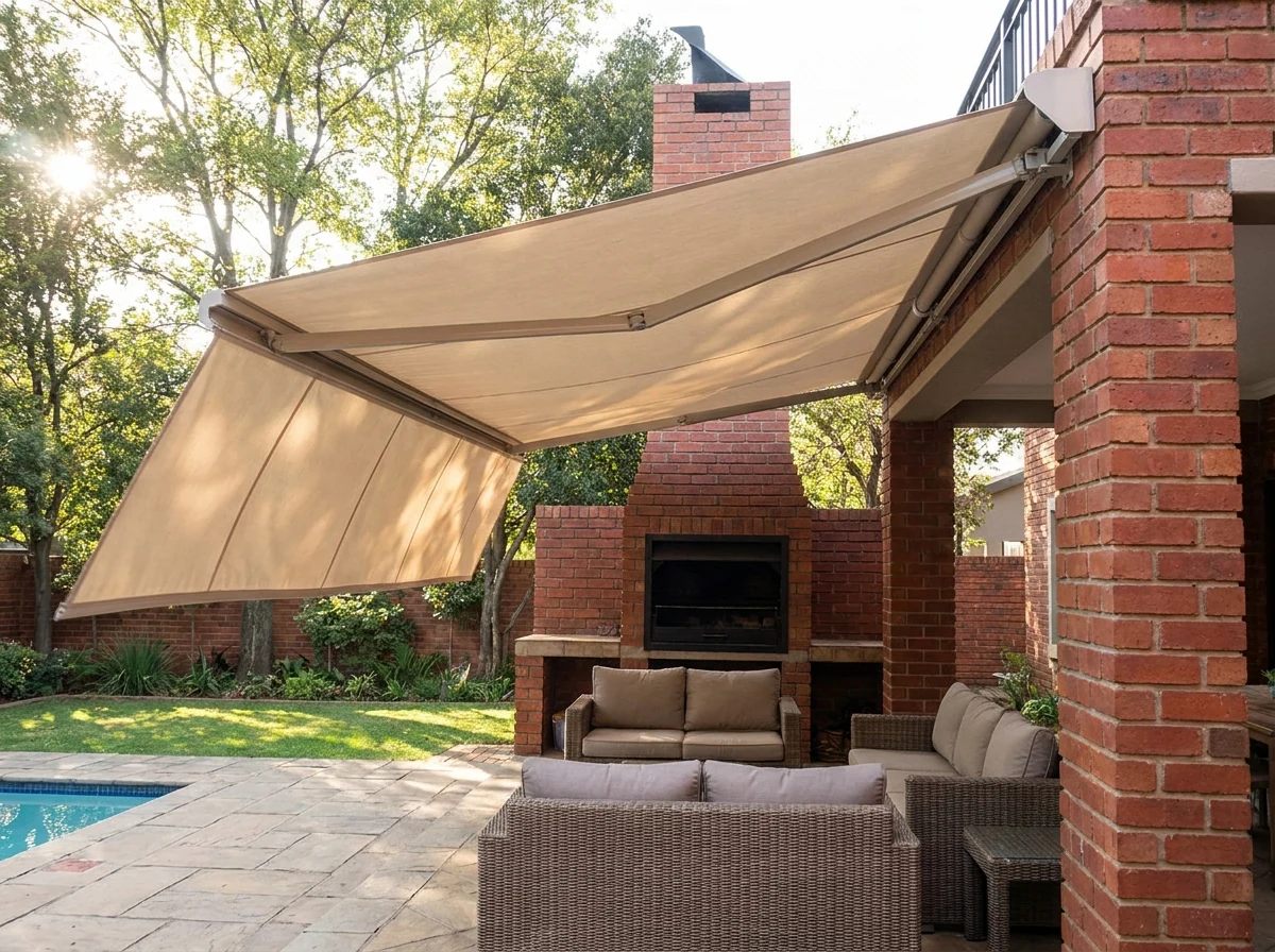 Folding-arm awning extended over a braai patio seating area, canopy taut against a light breeze