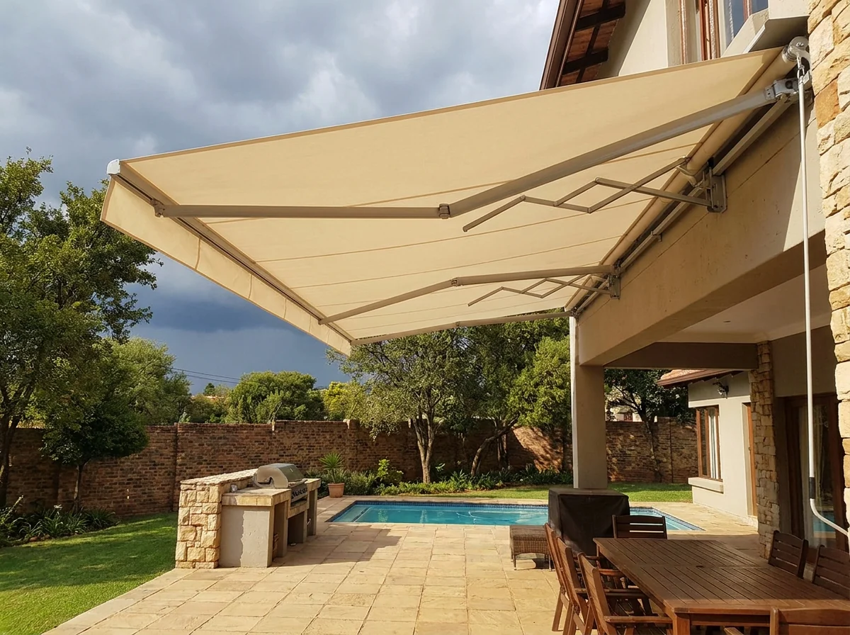 A folding-arm awning fully extended over a paved braai and pool patio at a large Johannesburg family home, its flat cream canopy carried on articulated metal arms with no support posts, with highveld thunderclouds building behind the garden wall