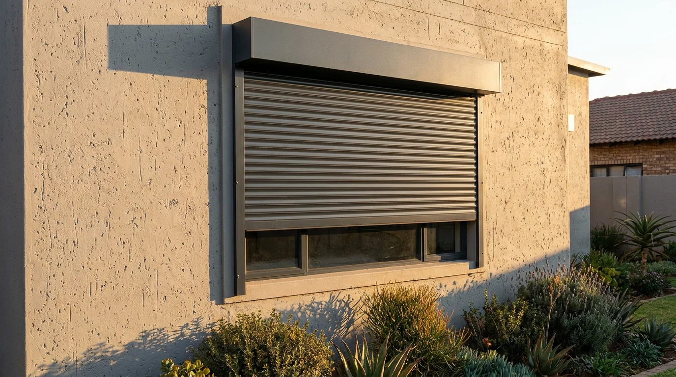 An external aluminium roller shutter two-thirds lowered over a west-facing window on a plastered Johannesburg house, its rigid horizontal slats running down slim side guides from a neat headbox above the opening, stopping low late-afternoon sun before it reaches the glass