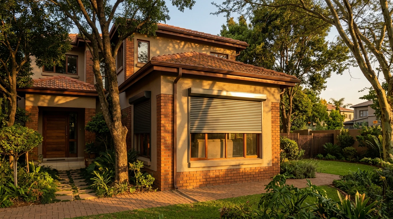 West-facing house facade at golden late-afternoon light, an external roller shutter half-lowered over a window