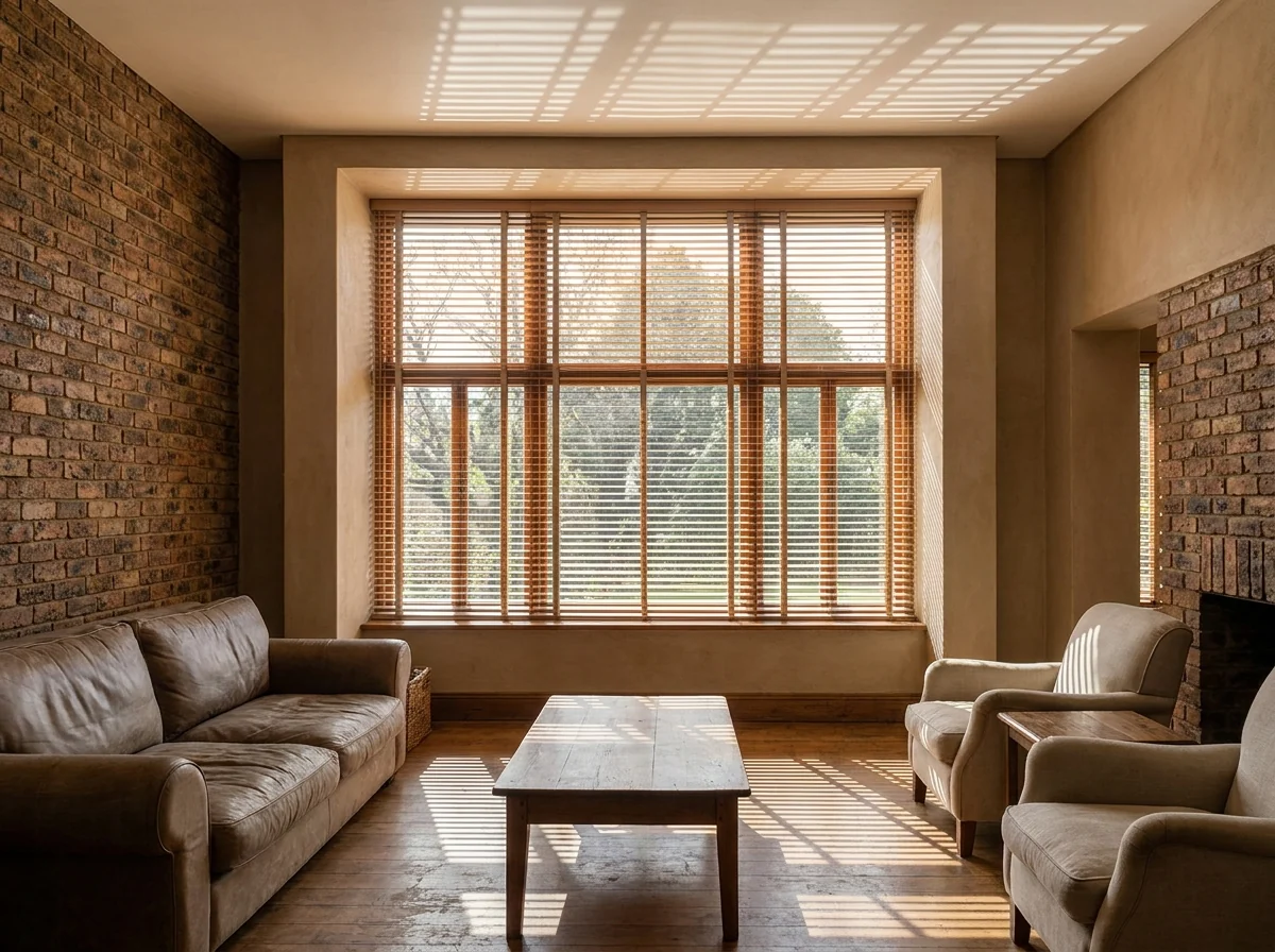 A tall window in a deep reveal in an older face-brick family home, fitted with a timber venetian blind whose flat 50mm wooden slats are tilted to steer bright morning light up onto the ceiling, casting soft stripes across the wooden floor