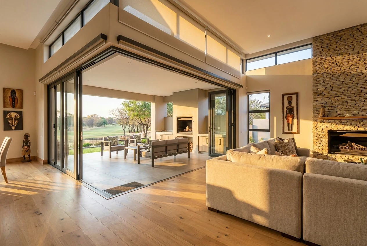 Golf estate living space with stacking doors open to a covered braai terrace and a fairway view, blinds raised