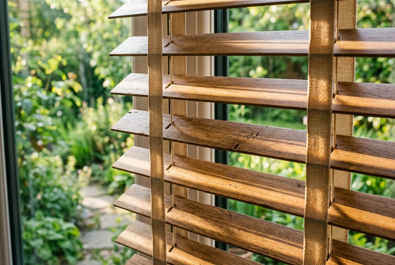 Close-up of timber venetian slats tilted against warm morning light, ladder tapes and soft-focus garden beyond