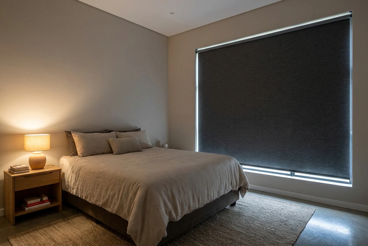 Cluster-home bedroom with a blockout roller blind fully lowered, a thin line of daylight along the edges
