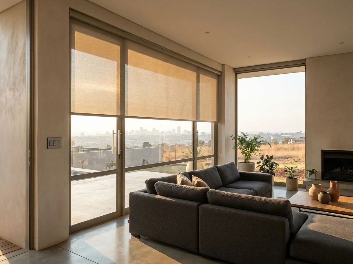 Motorised roller blind lowering in an open-plan lounge, operated by a wall switch beside the window