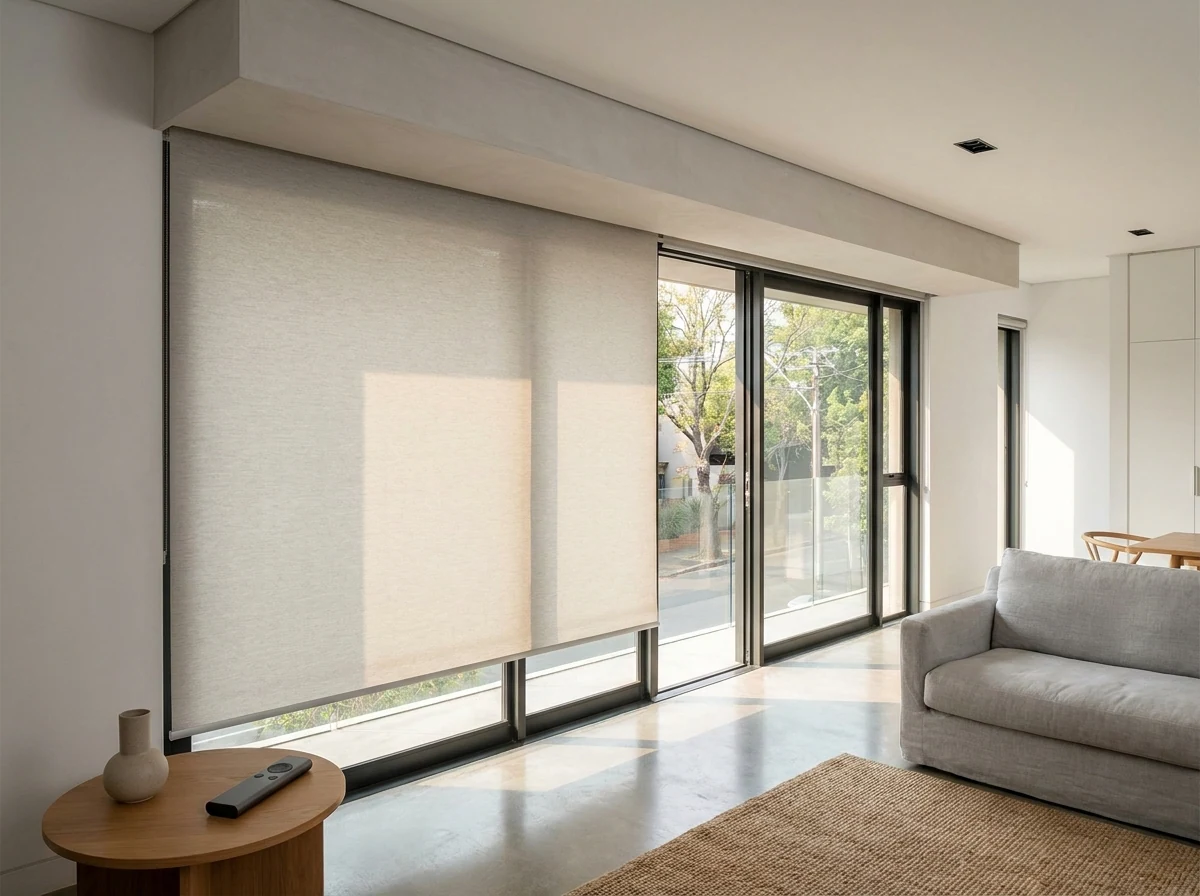 Motorised blind concealed within a ceiling bulkhead, remote resting on a side table