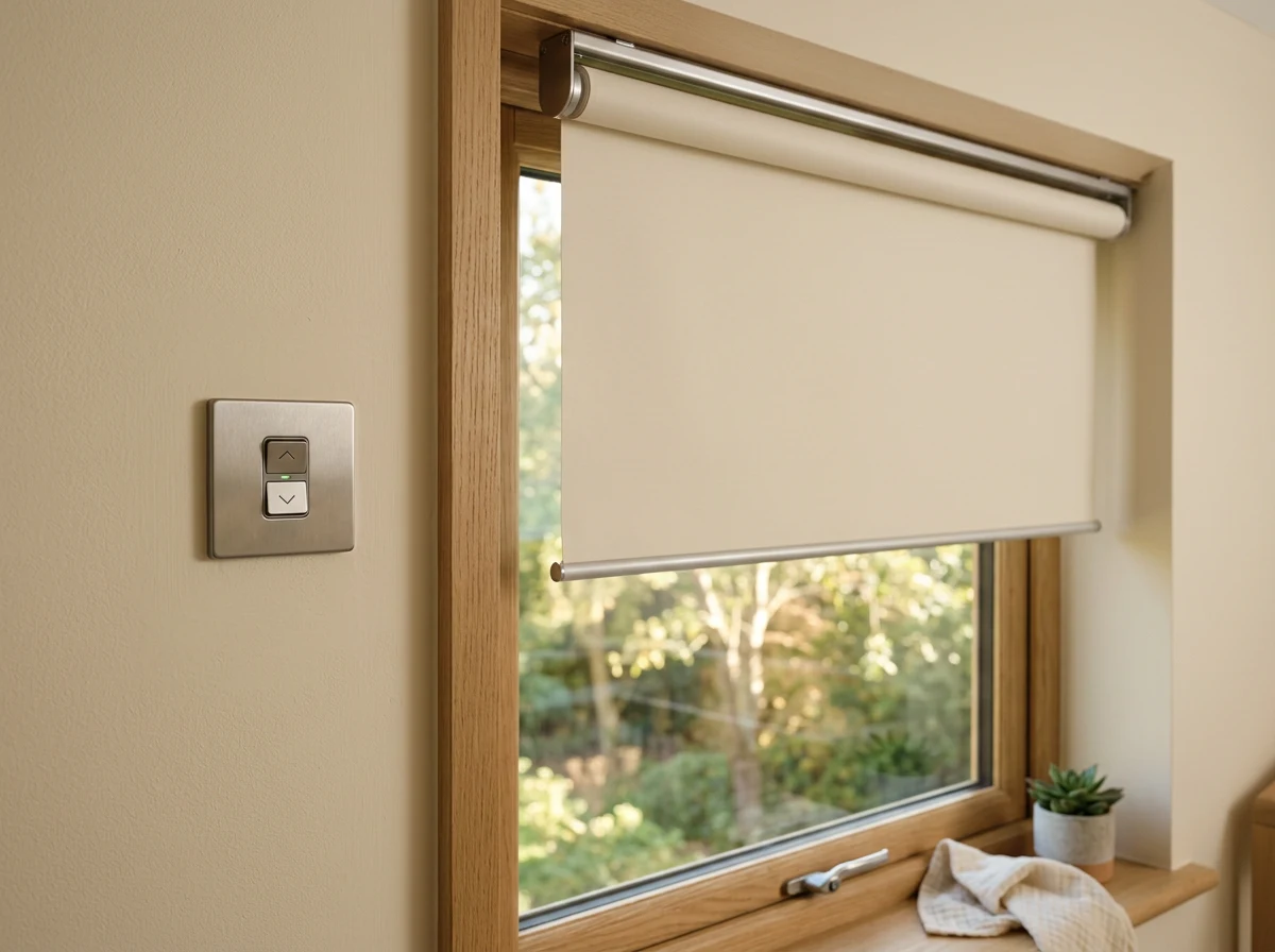 Wall-mounted switch controlling a motorised roller blind beside a nursery window