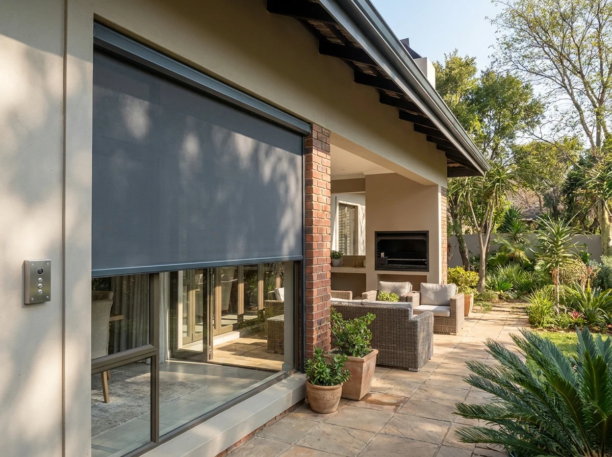 Motorised roller blind lowered beside patio doors, wall-mounted control panel on the brick pillar