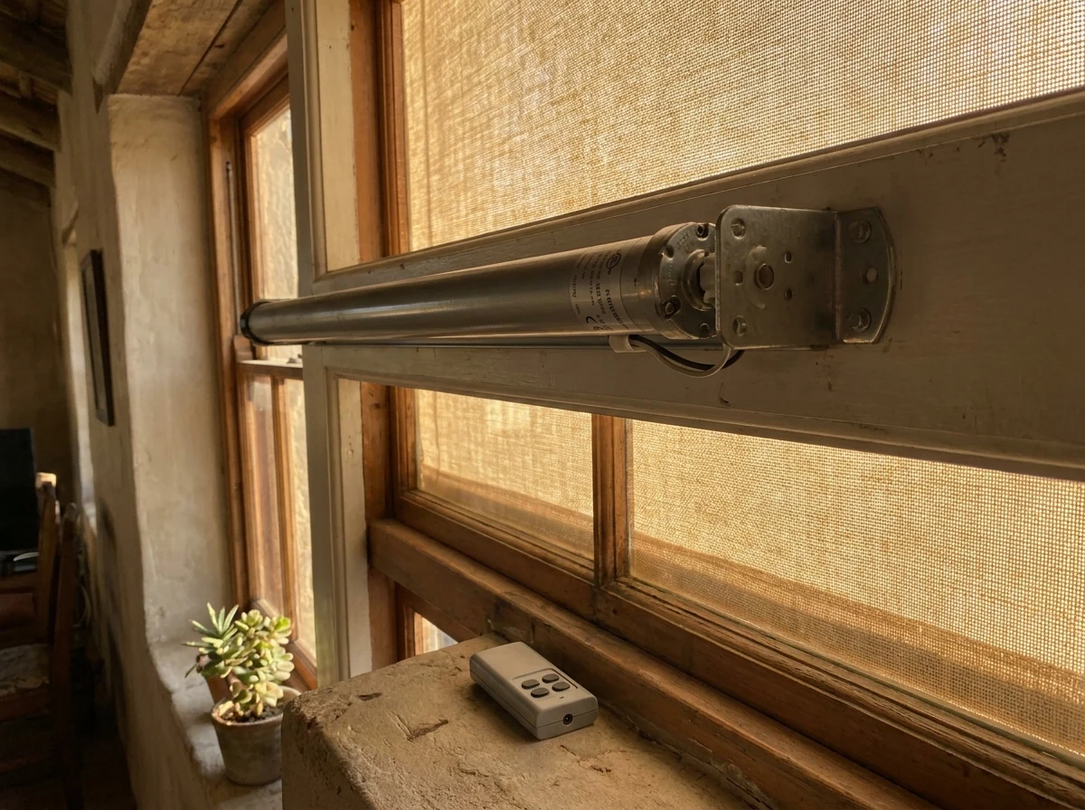 Close-up of a motorised roller blind tube motor and bracket, remote resting on the windowsill