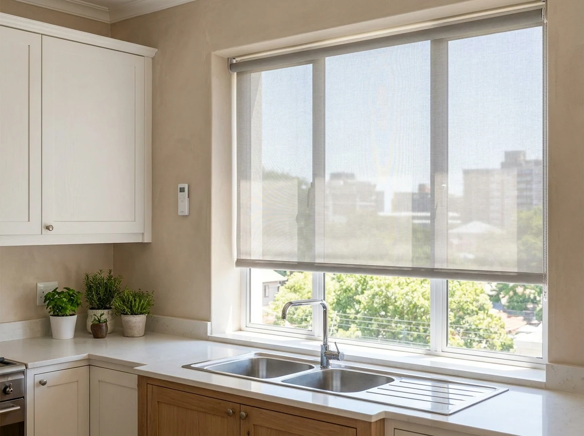 Motorised roller blind lowered above a kitchen sink window, compact remote mounted on the wall