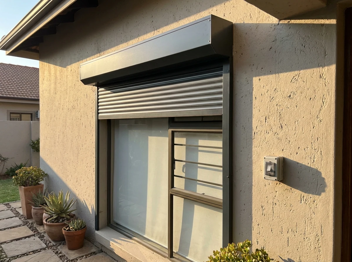 Motorised roller shutter headbox with a small control switch, aluminium slats partly lowered