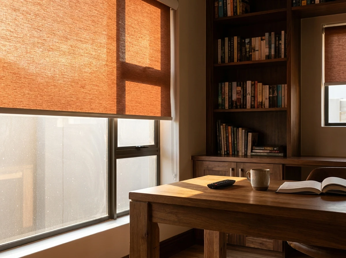 Motorised roller blind lowered beside a timber desk, remote resting on the desk