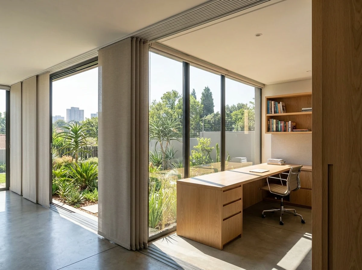 Panel blinds sliding on an overhead track across an office glass wall, panels partly stacked to reveal the garden