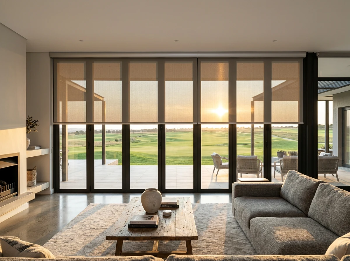 Sunscreen roller blind lowered halfway across wide stacking glass in a golf-estate living room, low late-afternoon sun visible over an open fairway through the mesh
