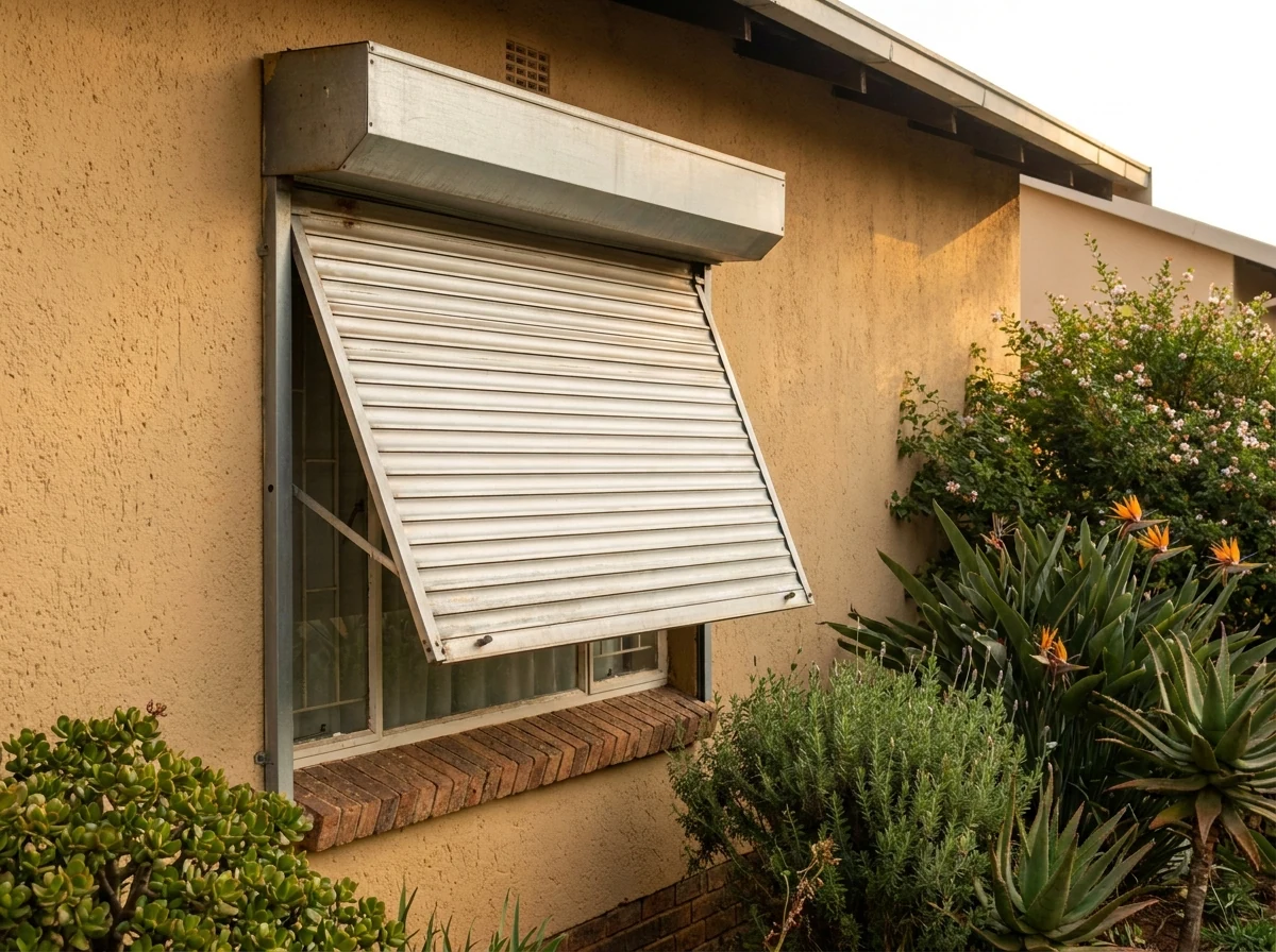 External roller shutter partly lowered over a side window, slats angled to filter afternoon glare