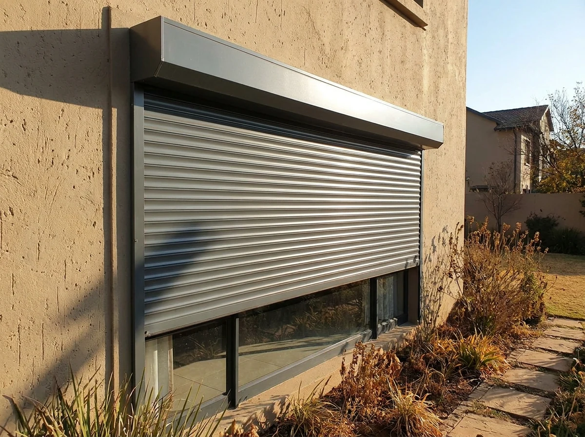 External aluminium roller shutter half-lowered over a west-facing window, stopping the late sun