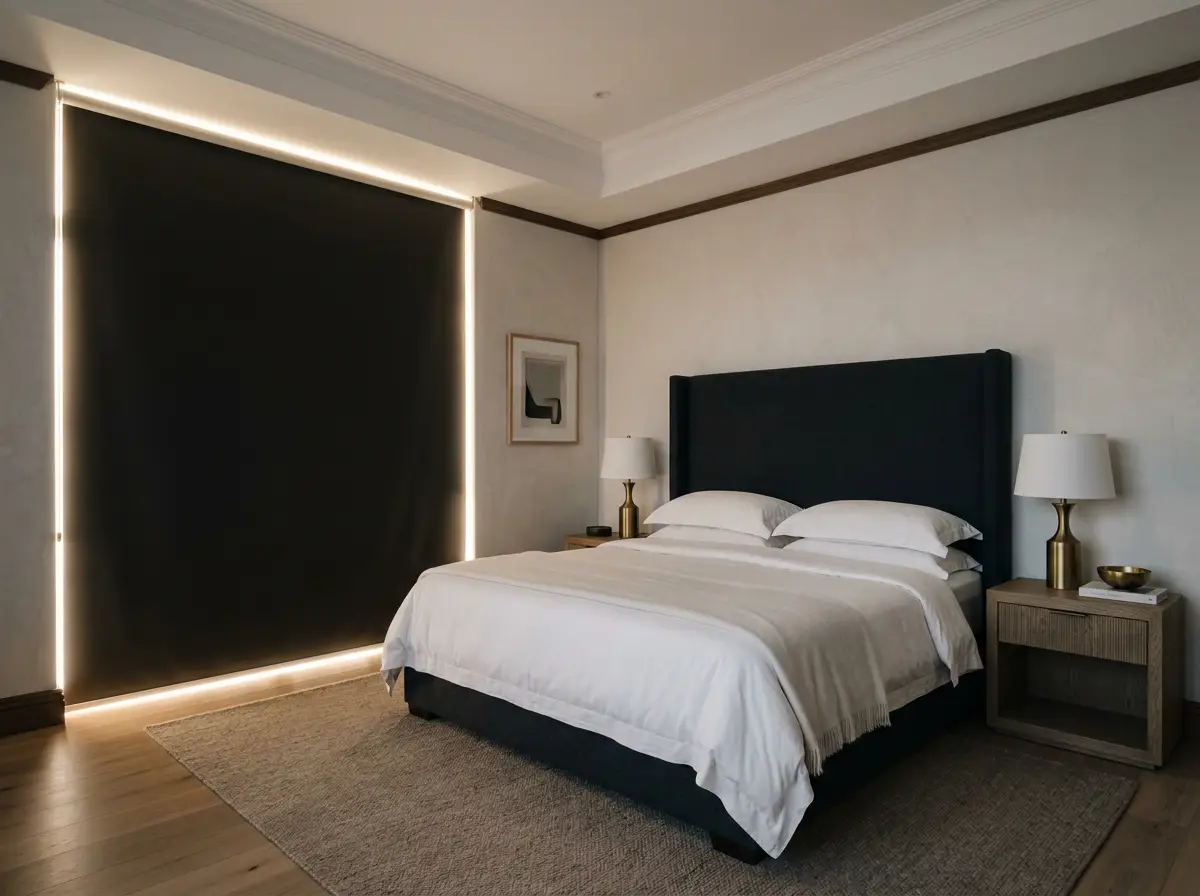 Bryanston bedroom with a blockout roller blind fully lowered, light spilling around the edges