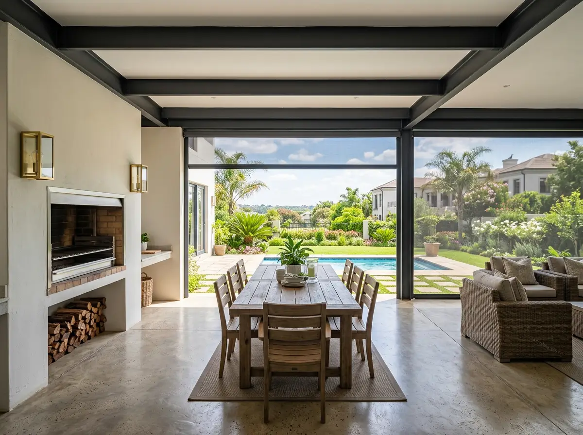 Covered Bryanston patio with a zip screen lowered beside the braai, looking out over the pool