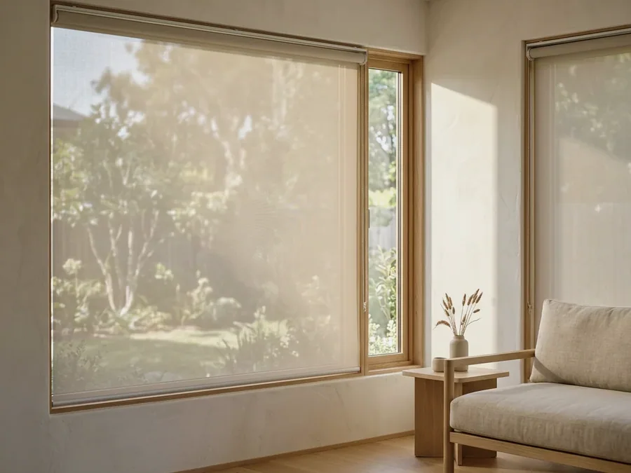 Sunscreen roller blind lowered over a window, garden still visible through the open-weave mesh