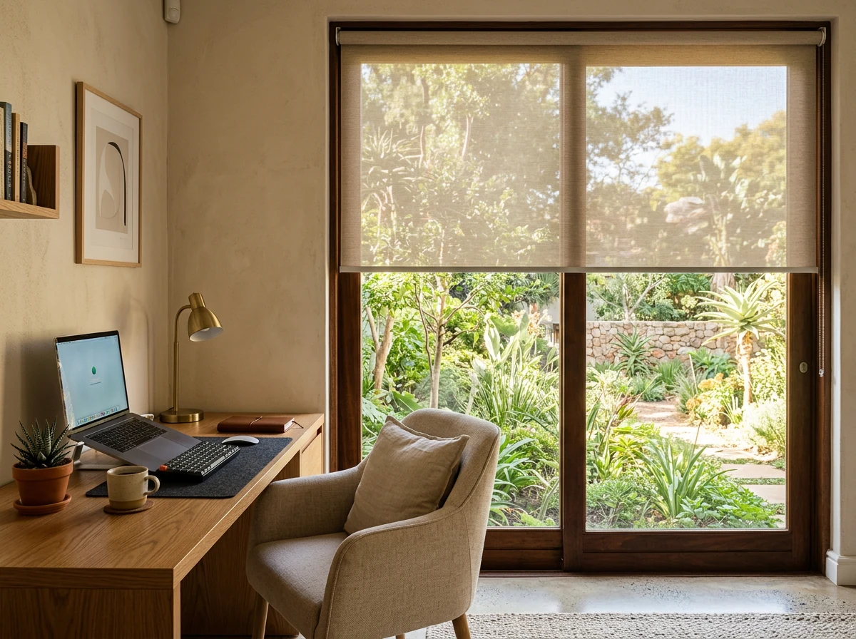 Sunscreen roller blind lowered over a home-office window, garden still visible through the mesh