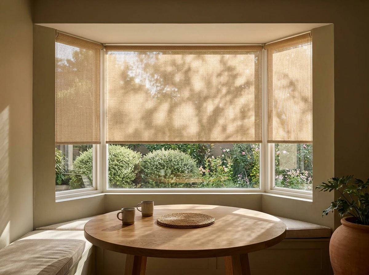 Sunscreen roller blind lowered over a breakfast-nook bay window, garden shrubs still visible