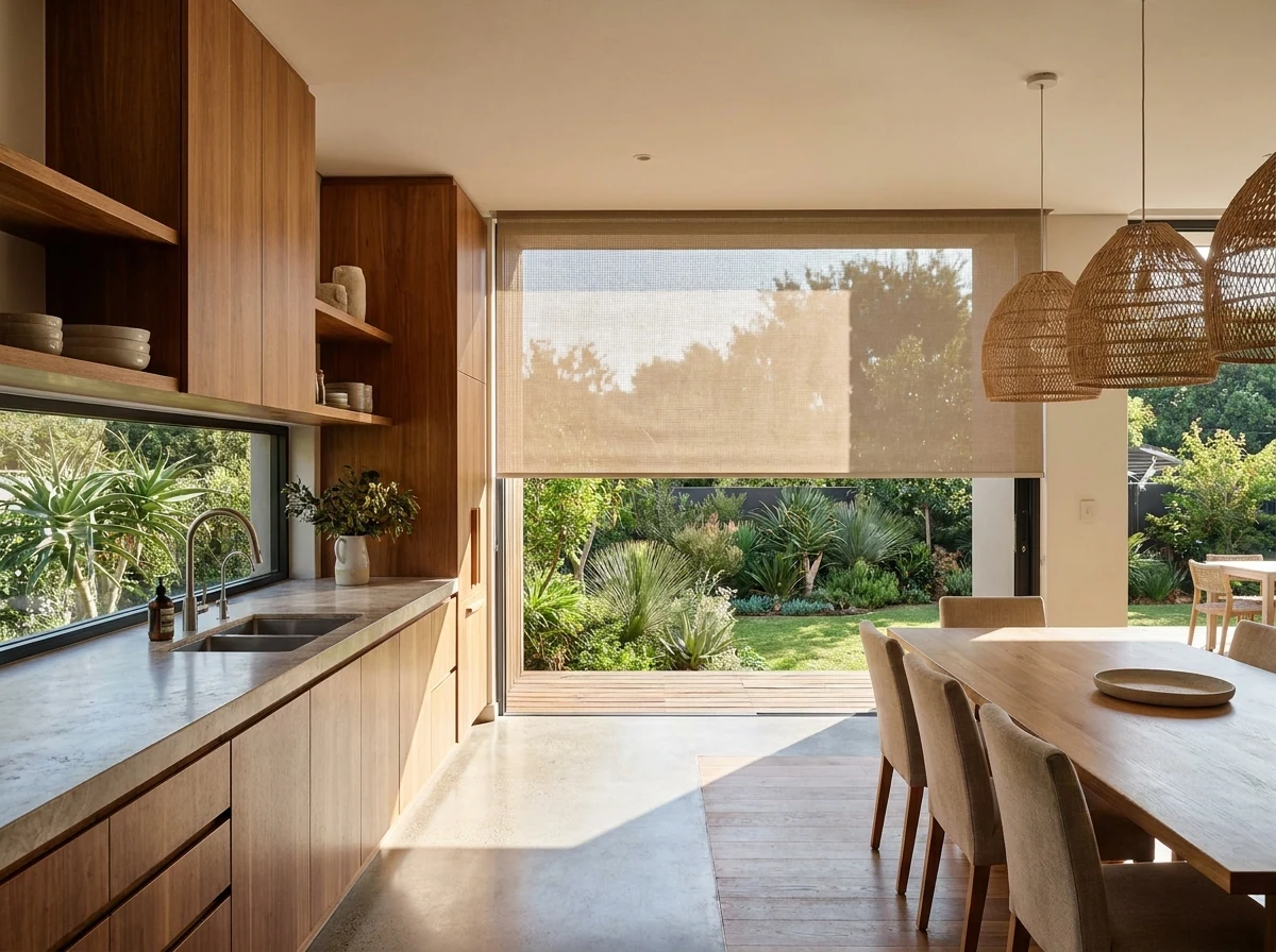 Sunscreen roller blind filtering afternoon light above a kitchen window while the garden stays in view