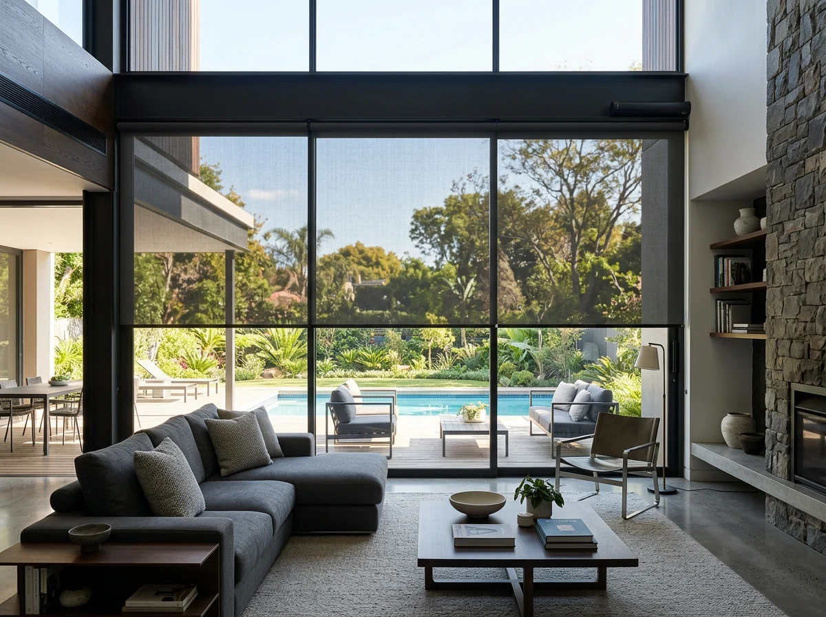 Sunscreen roller blind lowered by a slim tube motor in an open-plan lounge, garden pool still visible