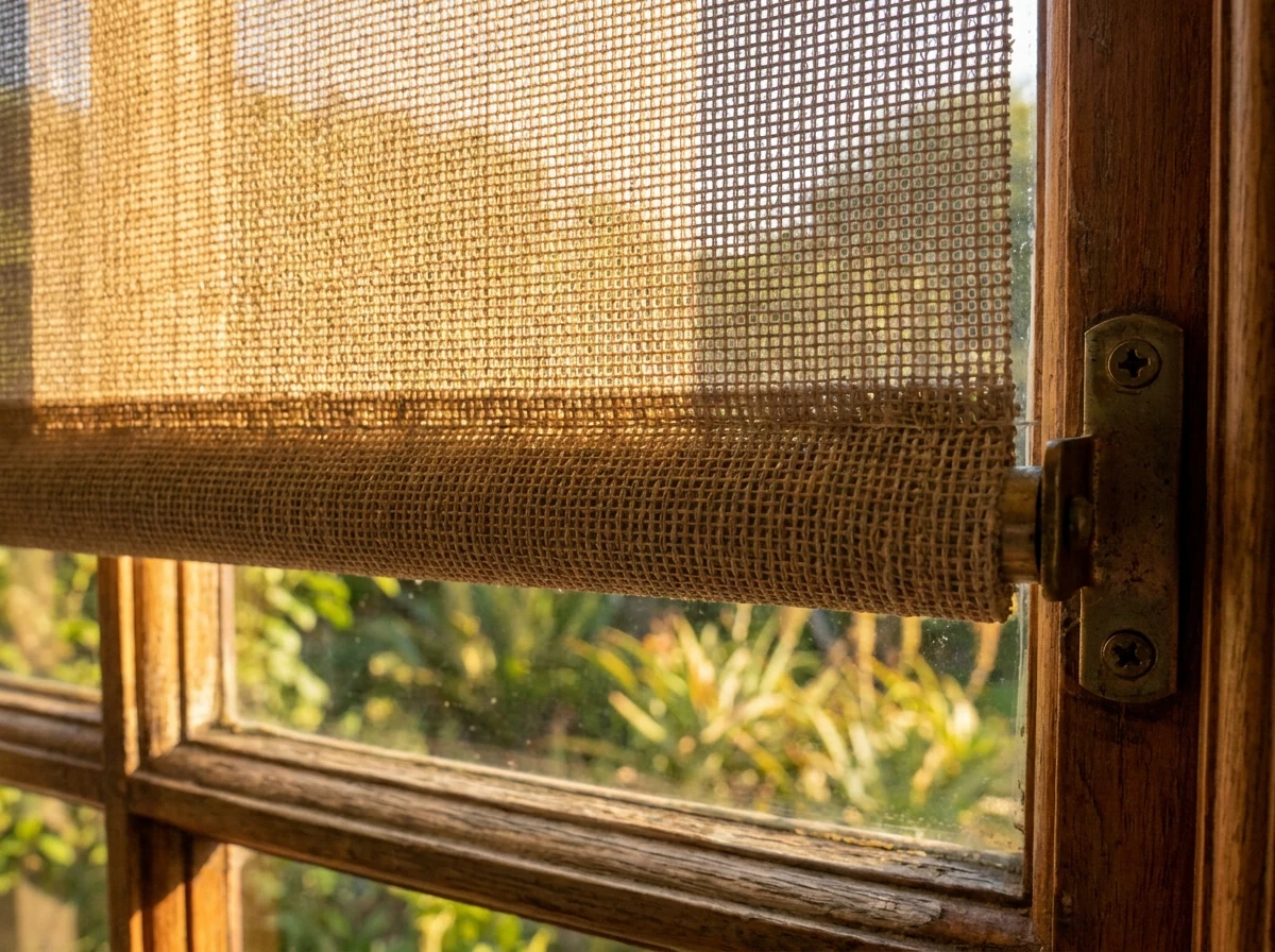 Close-up of a sunscreen roller blind fabric edge and end bracket