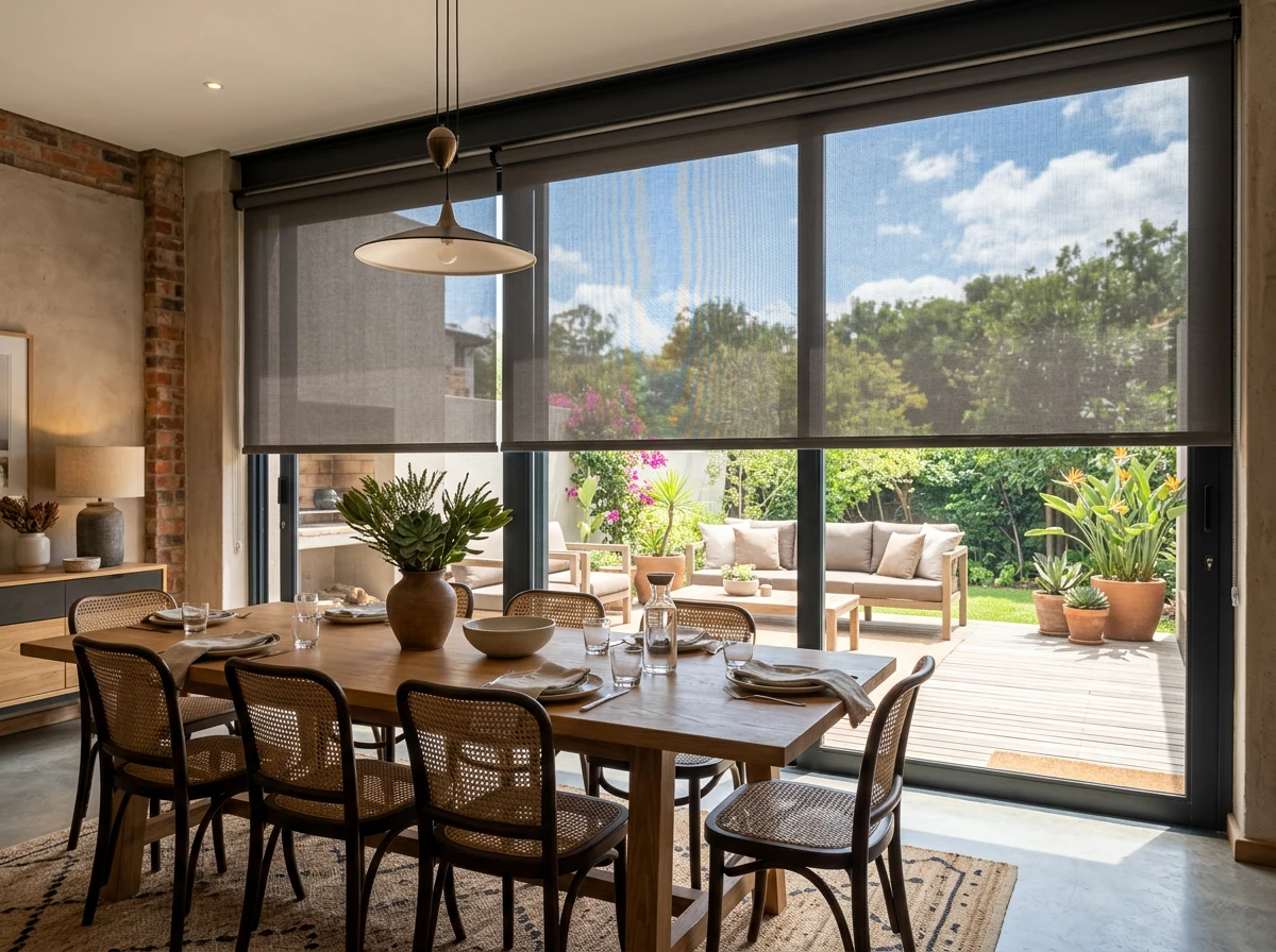 Sunscreen roller blind lowered across a wide dining-room slider, patio still visible through the mesh