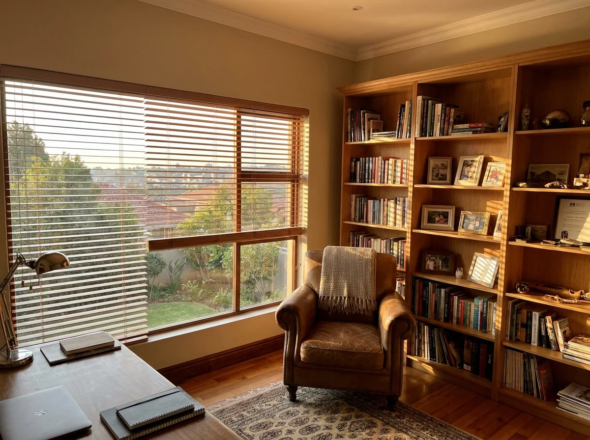 Timber venetian blind tilted over a study window, wide slats catching late afternoon light