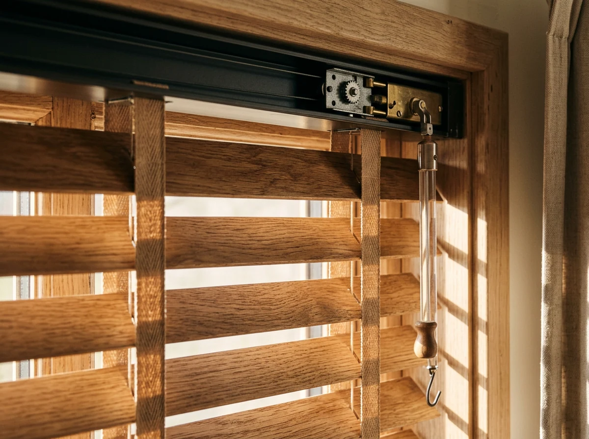 Close-up of timber venetian blind slats, headrail, ladder tapes and tilt wand