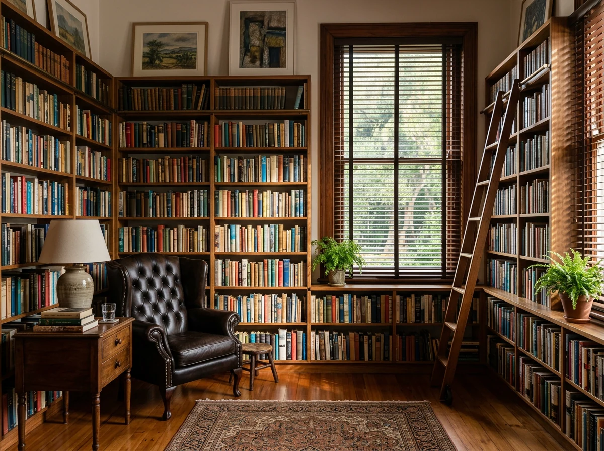 Timber venetian blind tilted over a tall library window, slats steering soft light across bookshelves