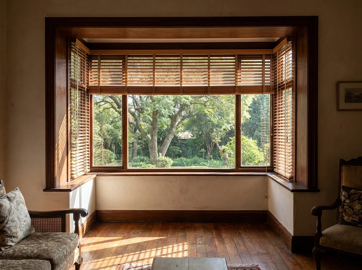 Timber venetian blind with wide 50mm slats tilted in a tall deep-set window reveal, dappled morning light through mature garden trees striping the ceiling and floor