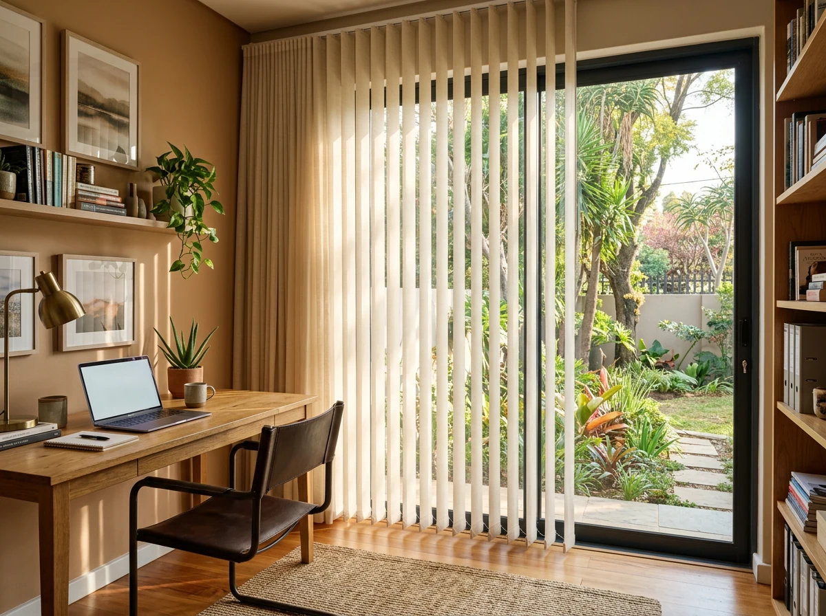 Vertical blinds covering a wide sliding door in a home office, vanes tilted to soften the afternoon light