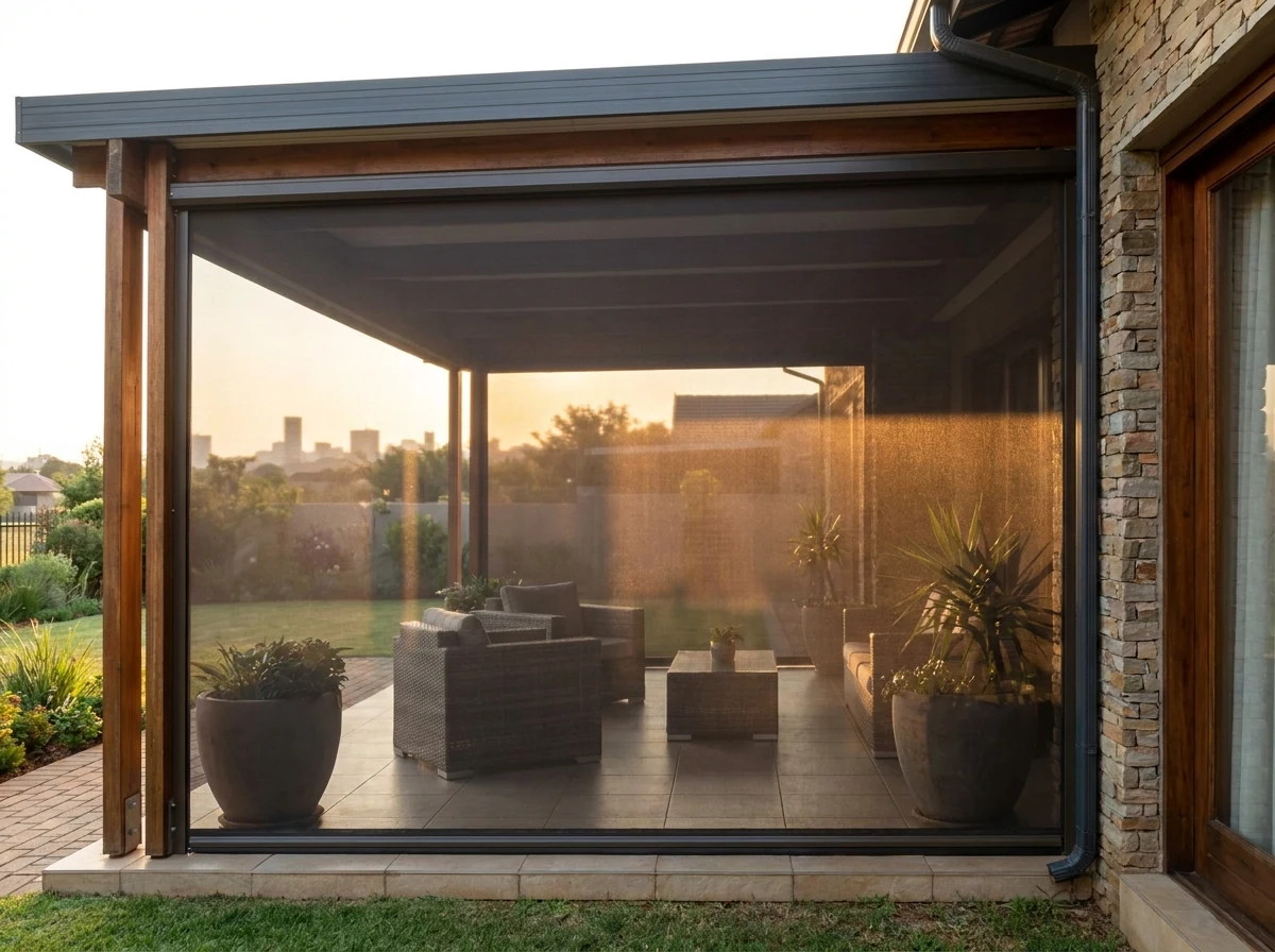 Zip screen fully lowered enclosing a covered veranda, outdoor lounge chairs visible through the mesh