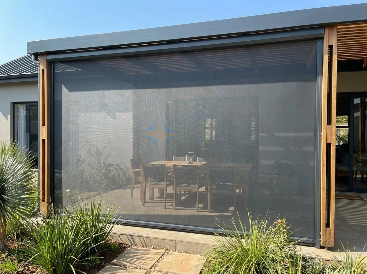 Zip screen lowered between pergola posts, taut mesh in side channels, outdoor dining table visible through it